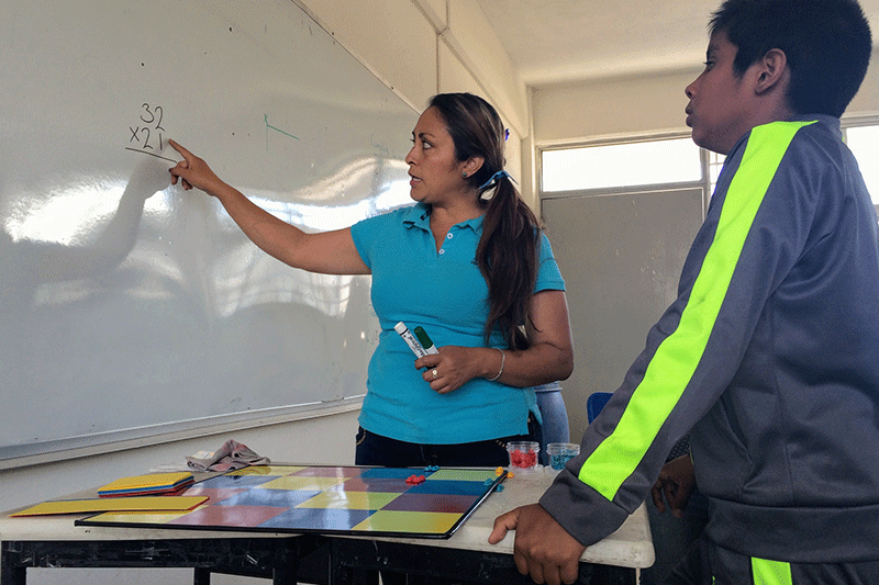 Maestra y alumno en clase de apoyo escolar
